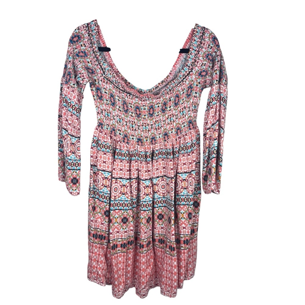 Torrid sz. 1X Mosaic Print Smocked Bell Sleeve Dress Boho Peasant Hippie Coastal